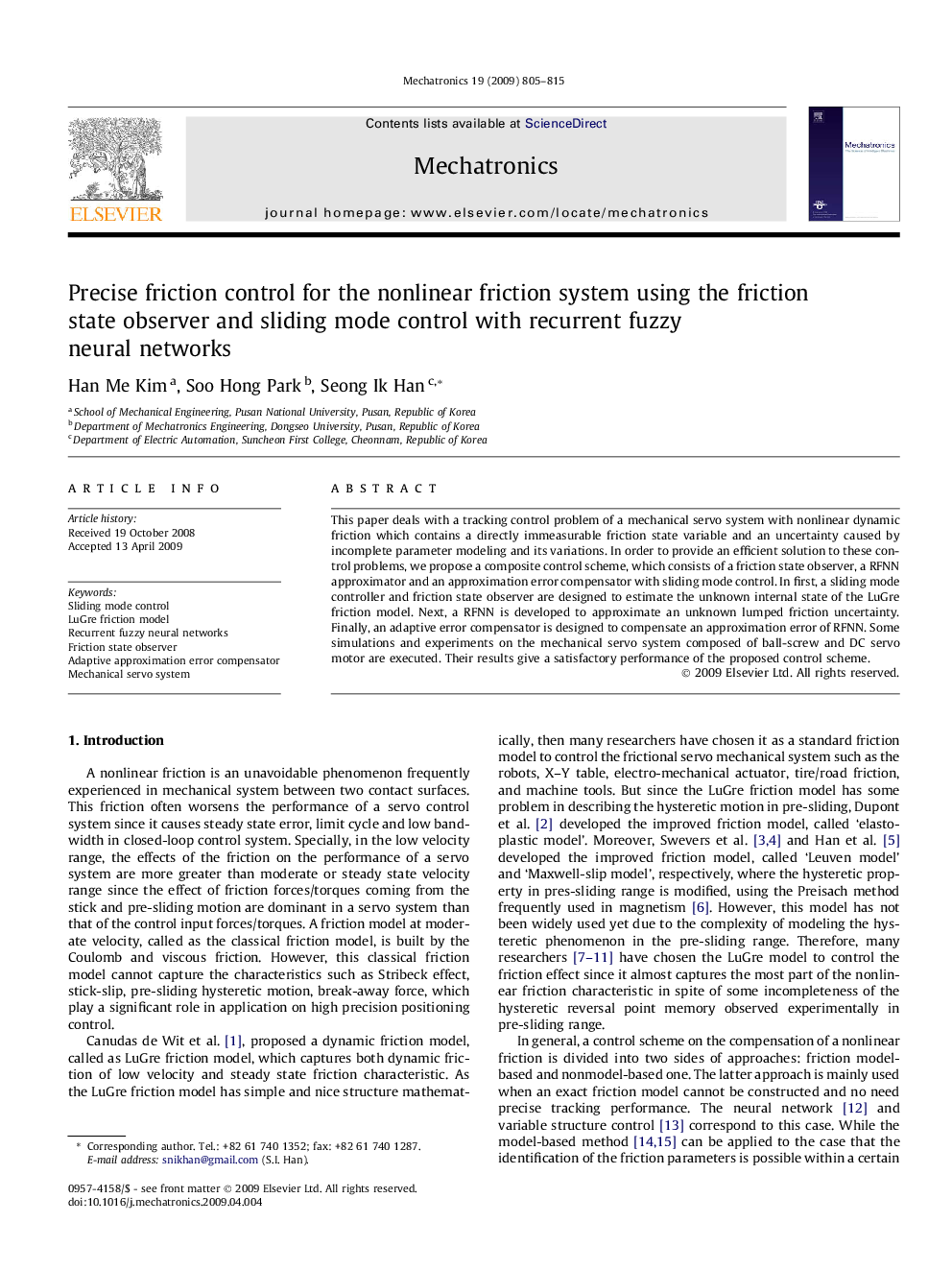 Precise friction control for the nonlinear friction system using the friction state observer and sliding mode control with recurrent fuzzy neural networks