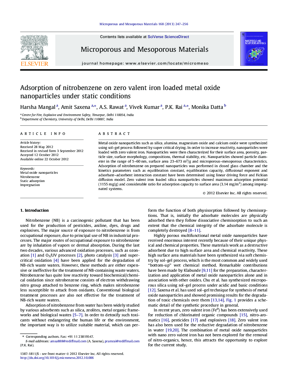 Adsorption of nitrobenzene on zero valent iron loaded metal oxide nanoparticles under static conditions