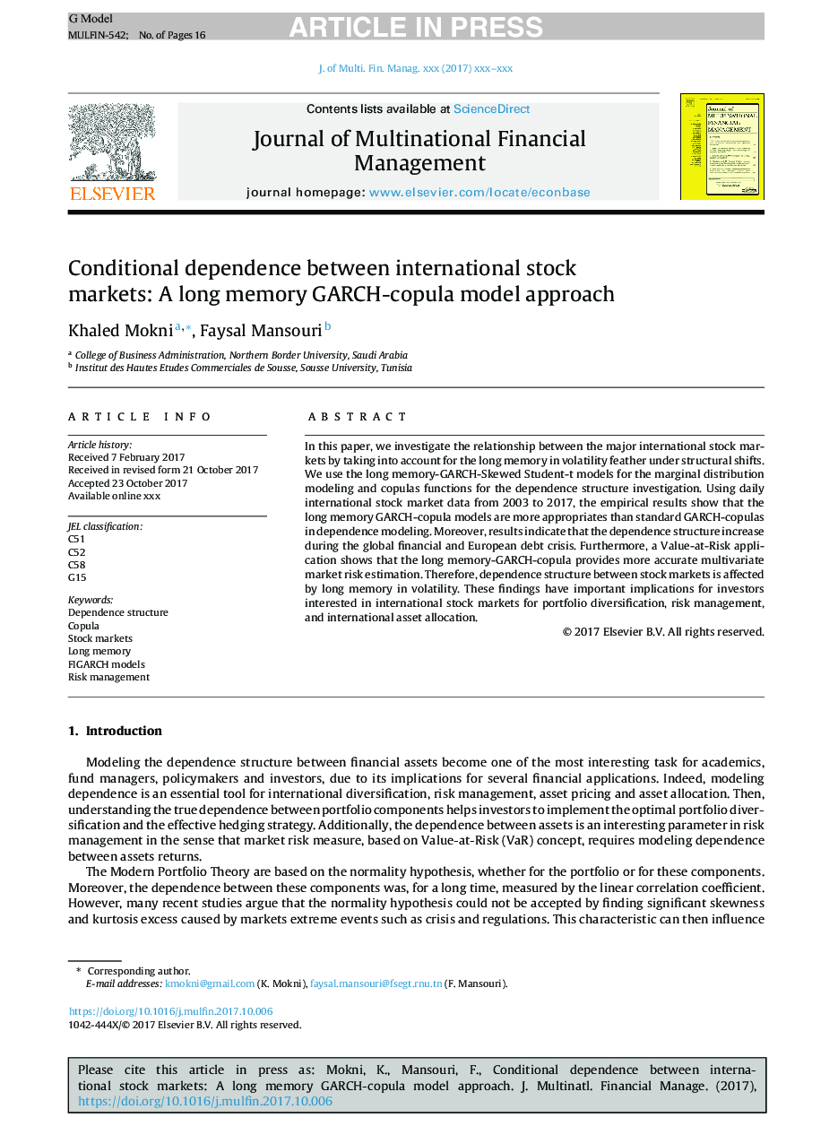 Conditional dependence between international stock markets: A long memory GARCH-copula model approach