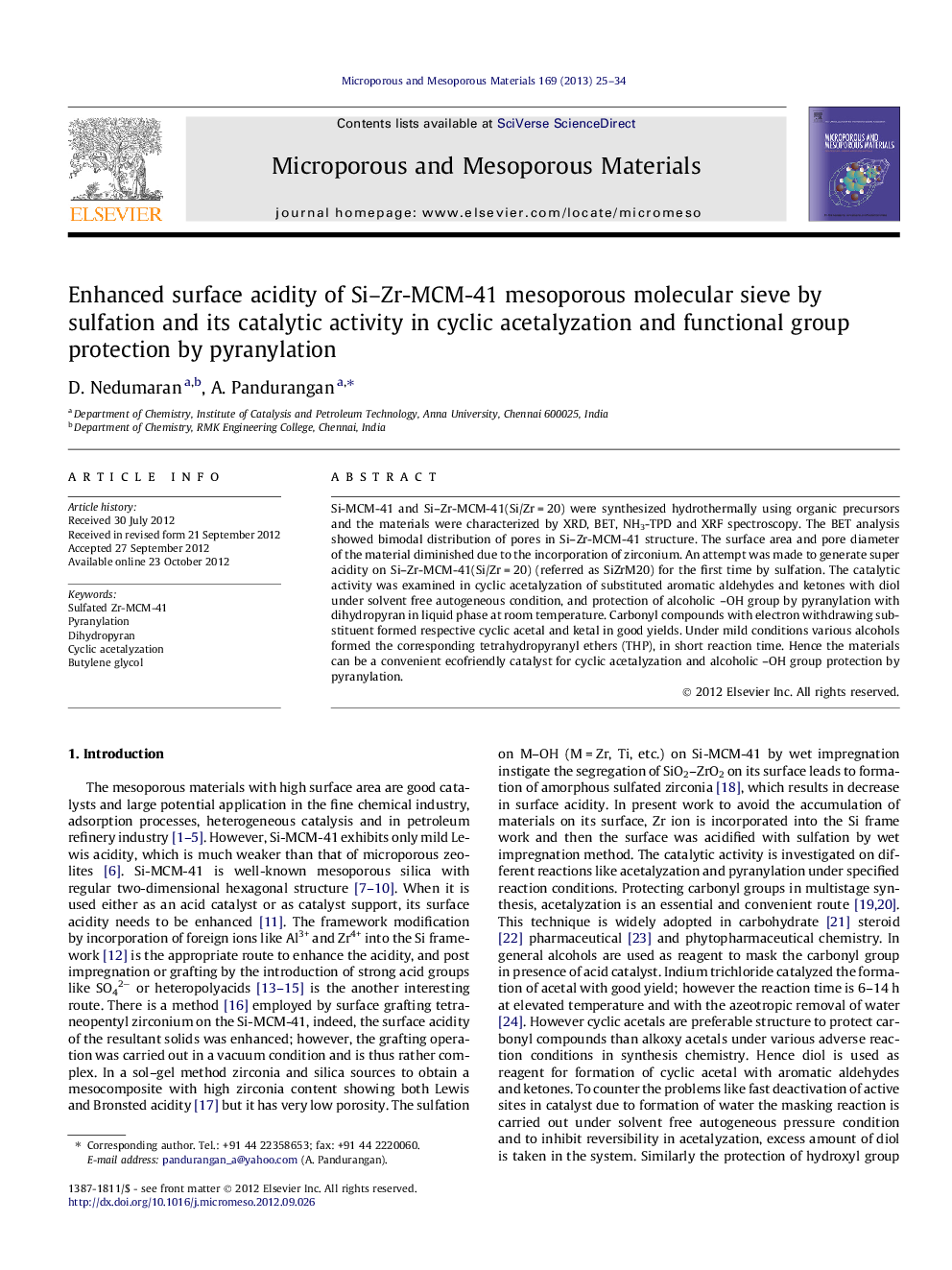 Enhanced surface acidity of Si–Zr-MCM-41 mesoporous molecular sieve by sulfation and its catalytic activity in cyclic acetalyzation and functional group protection by pyranylation