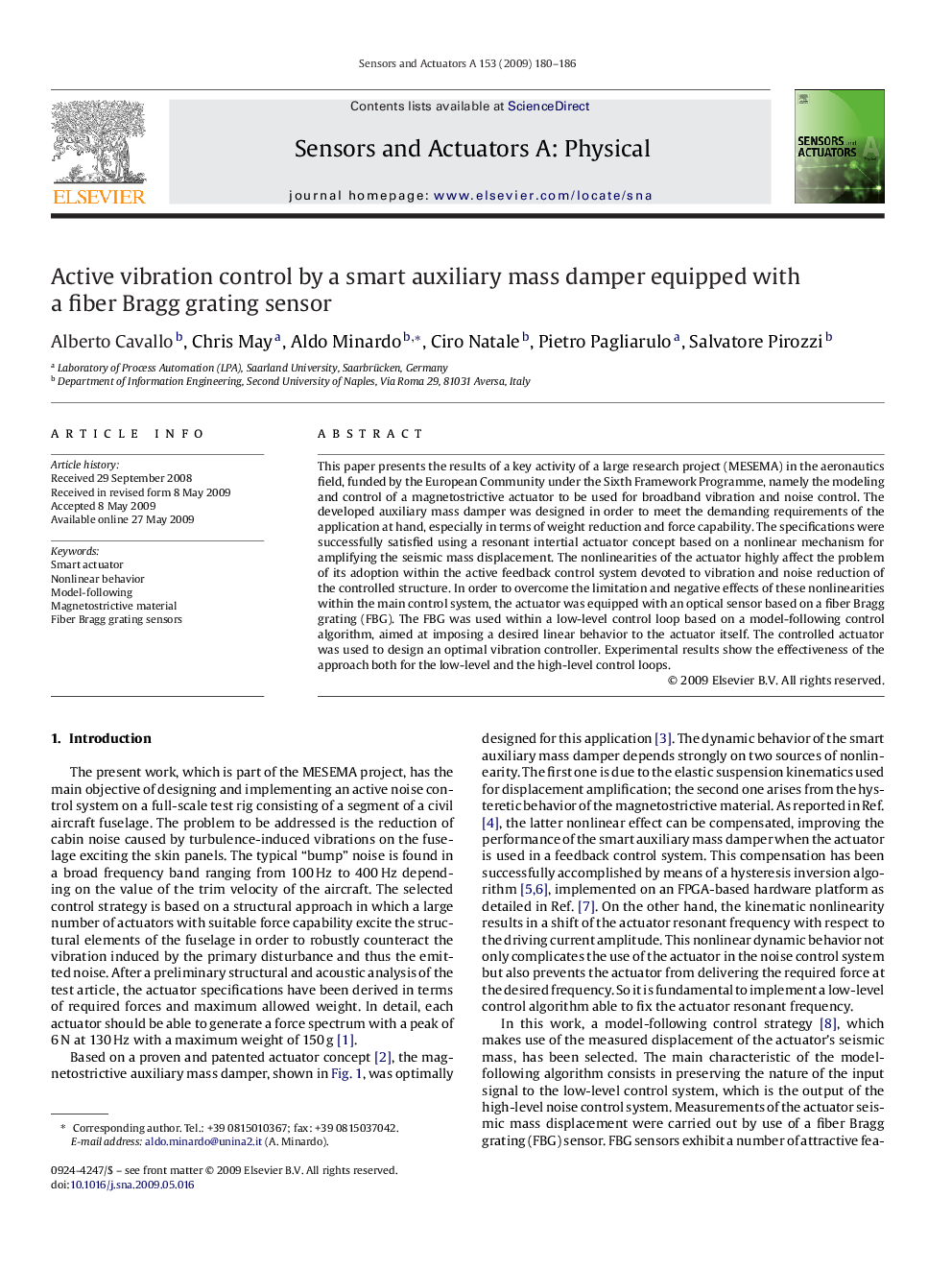 Active vibration control by a smart auxiliary mass damper equipped with a fiber Bragg grating sensor