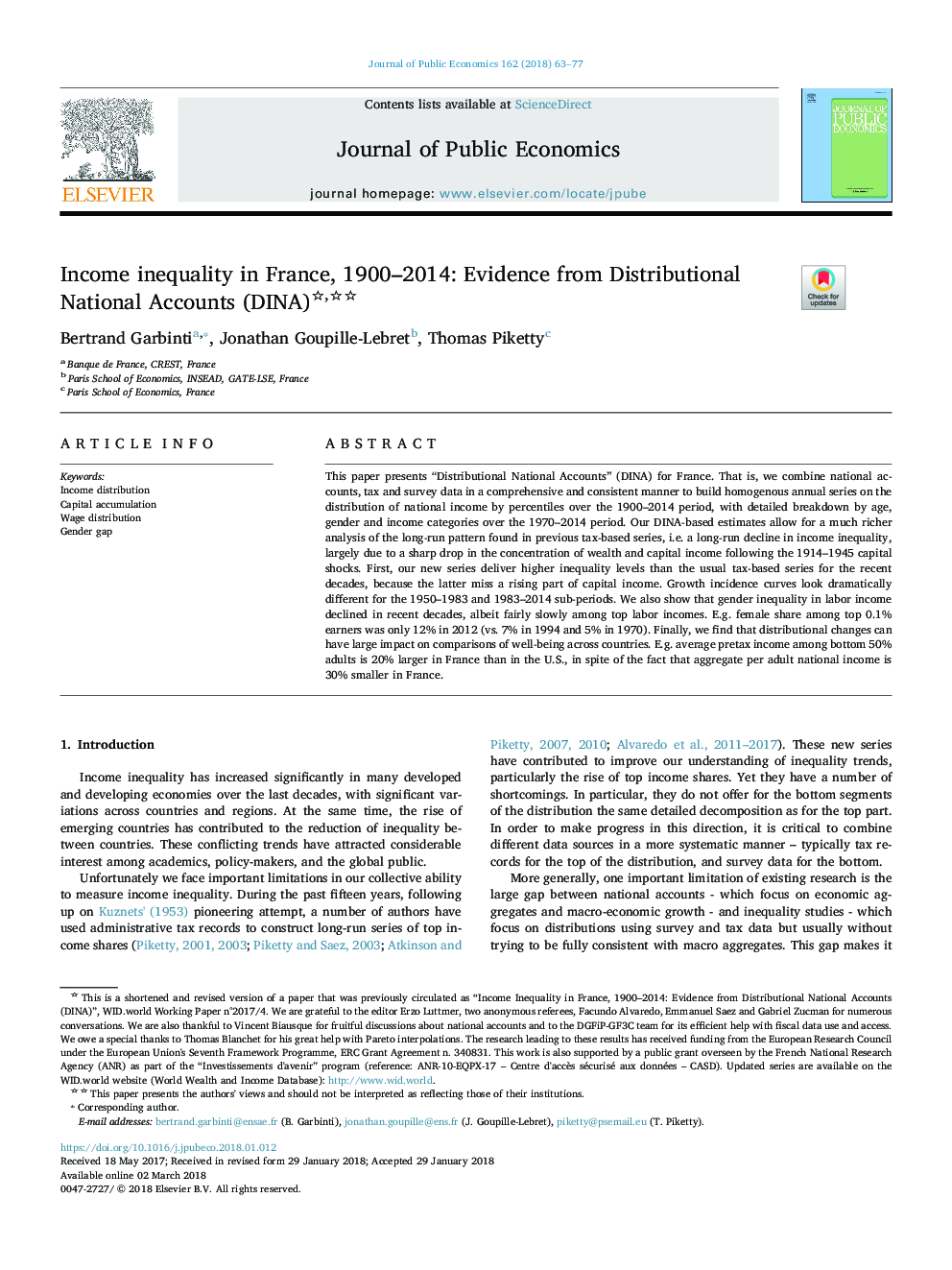 Income inequality in France, 1900-2014: Evidence from Distributional National Accounts (DINA)