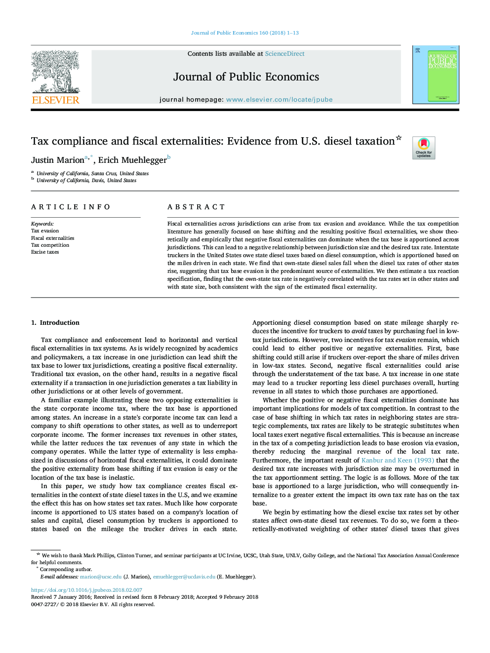 Tax compliance and fiscal externalities: Evidence from U.S. diesel taxation