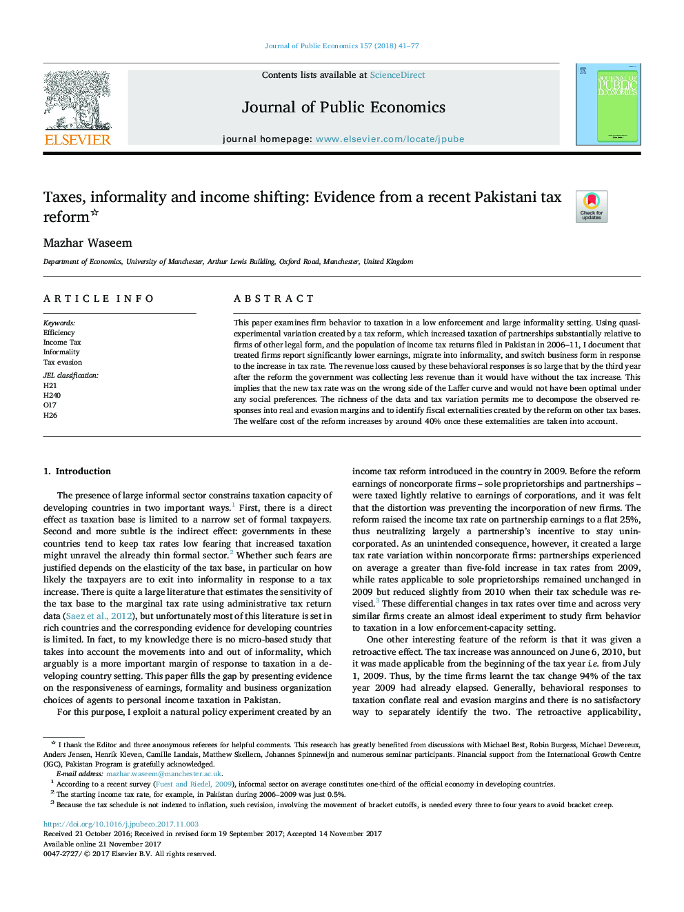 Taxes, informality and income shifting: Evidence from a recent Pakistani tax reform