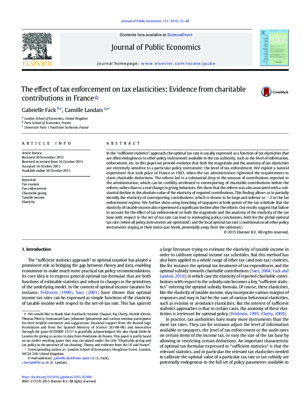 The effect of tax enforcement on tax elasticities: Evidence from charitable contributions in France