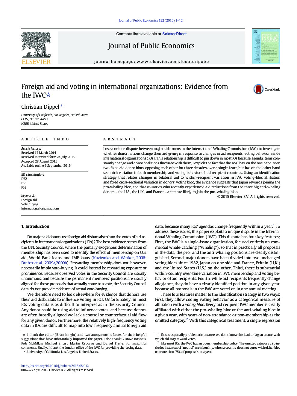 Foreign aid and voting in international organizations: Evidence from the IWC