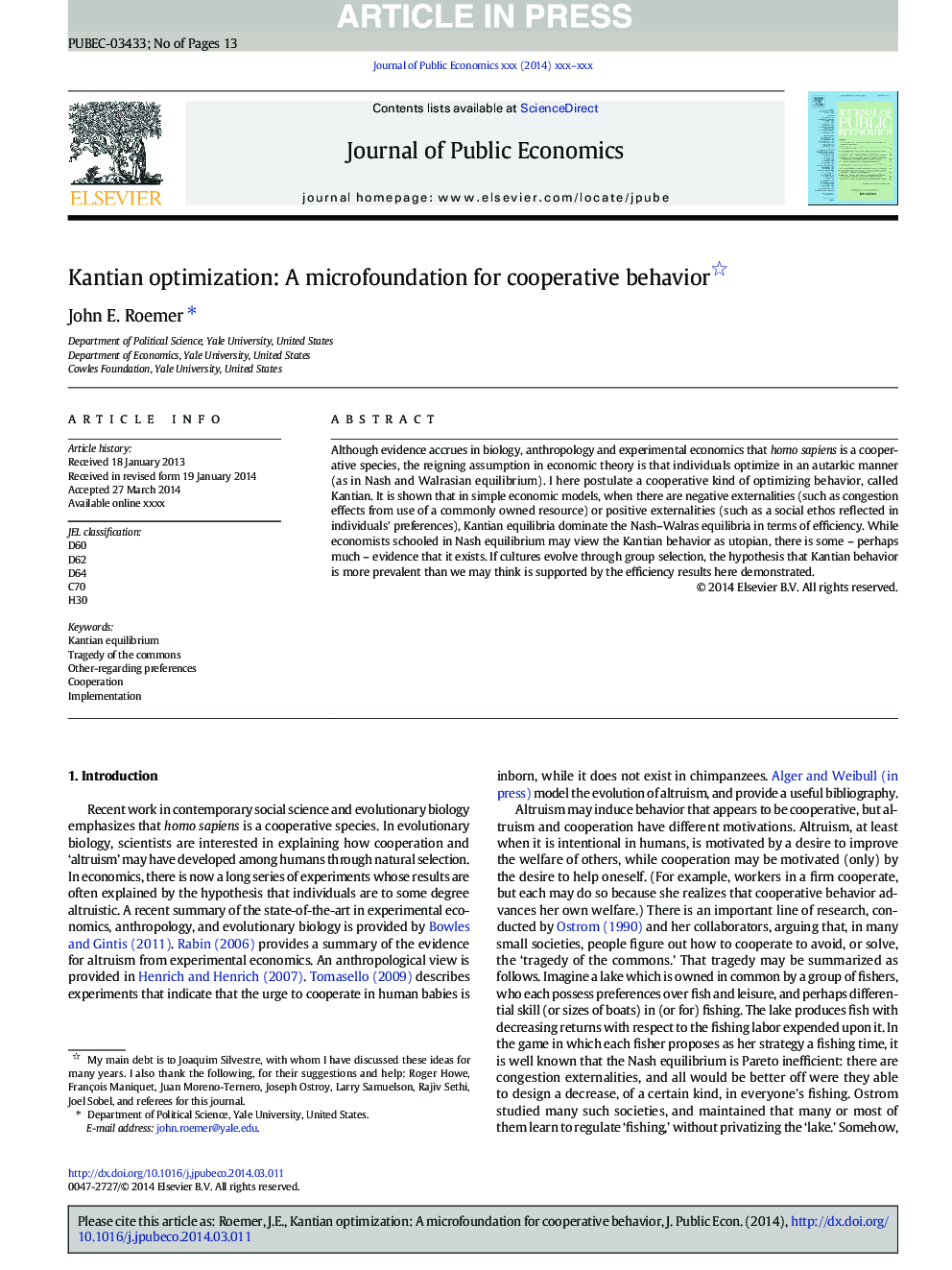 Kantian optimization: A microfoundation for cooperation