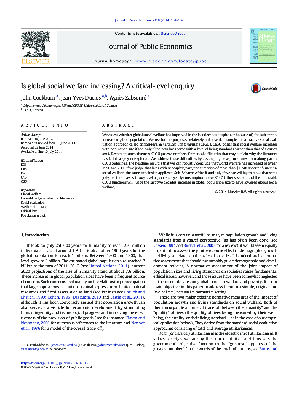 Is global social welfare increasing? A critical-level enquiry