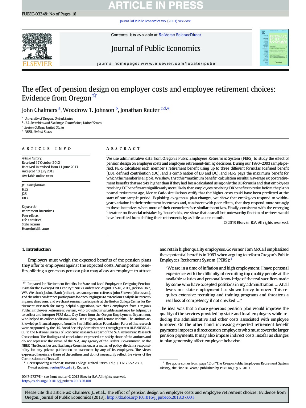 The effect of pension design on employer costs and employee retirement choices: Evidence from Oregon