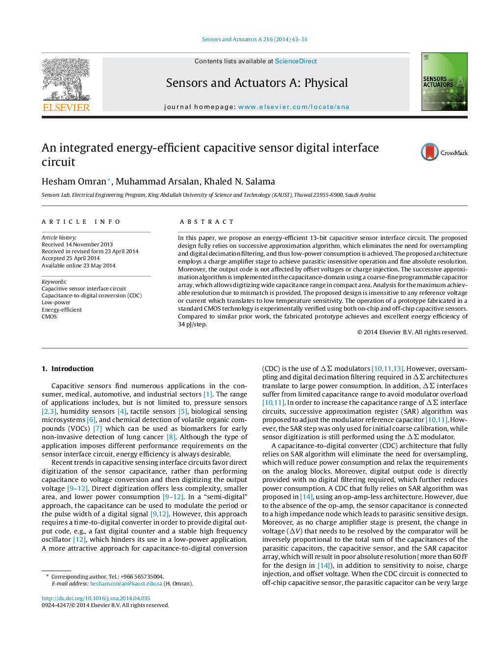 An integrated energy-efficient capacitive sensor digital interface circuit