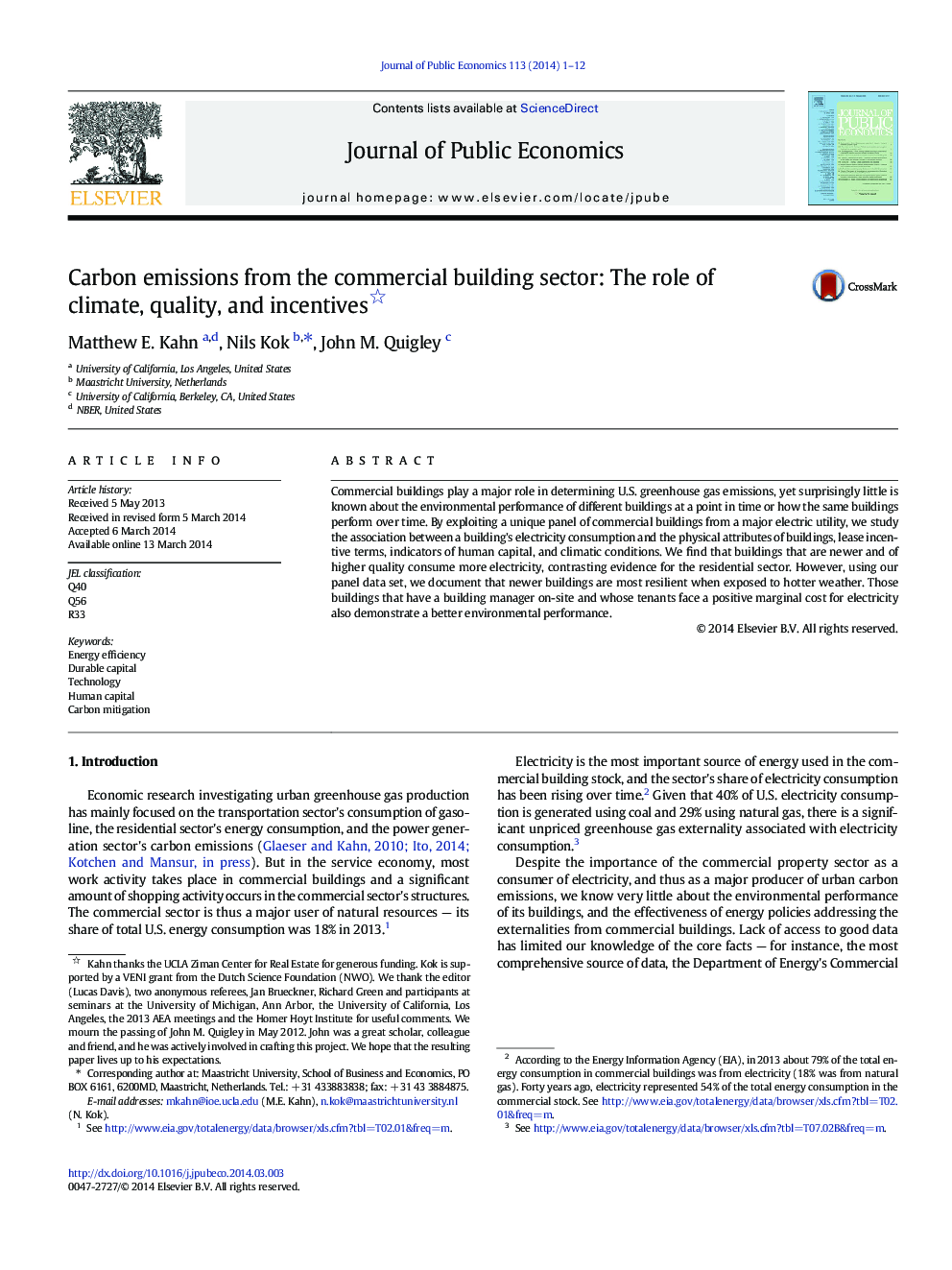 Carbon emissions from the commercial building sector: The role of climate, quality, and incentives