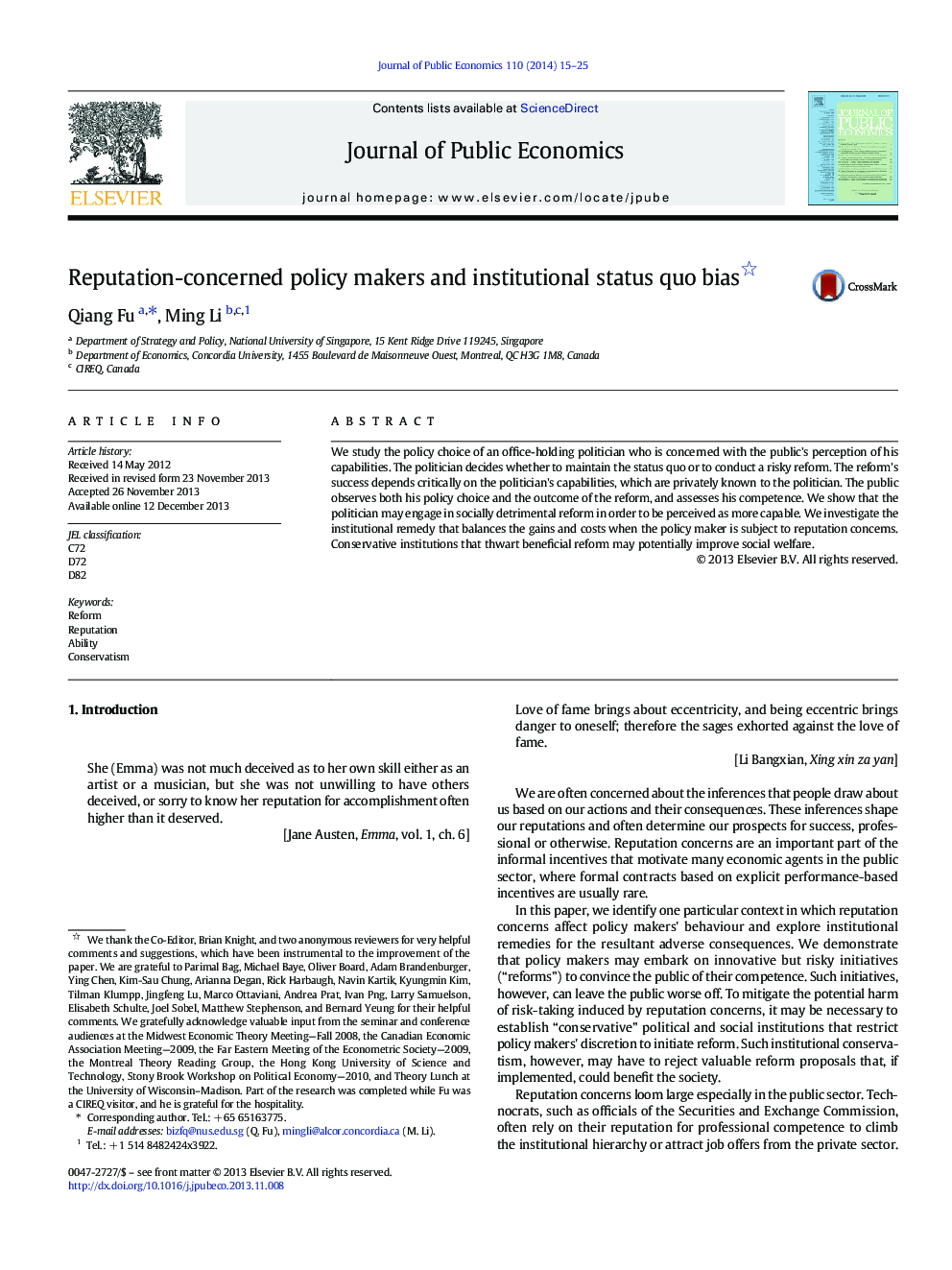 Reputation-concerned policy makers and institutional status quo bias