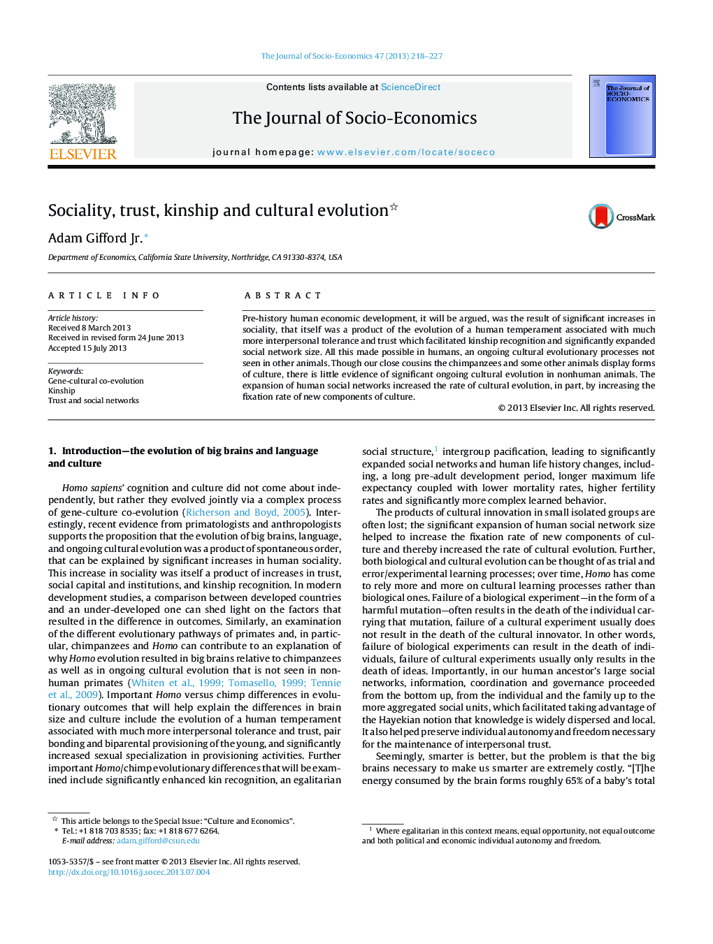 Sociality, trust, kinship and cultural evolution