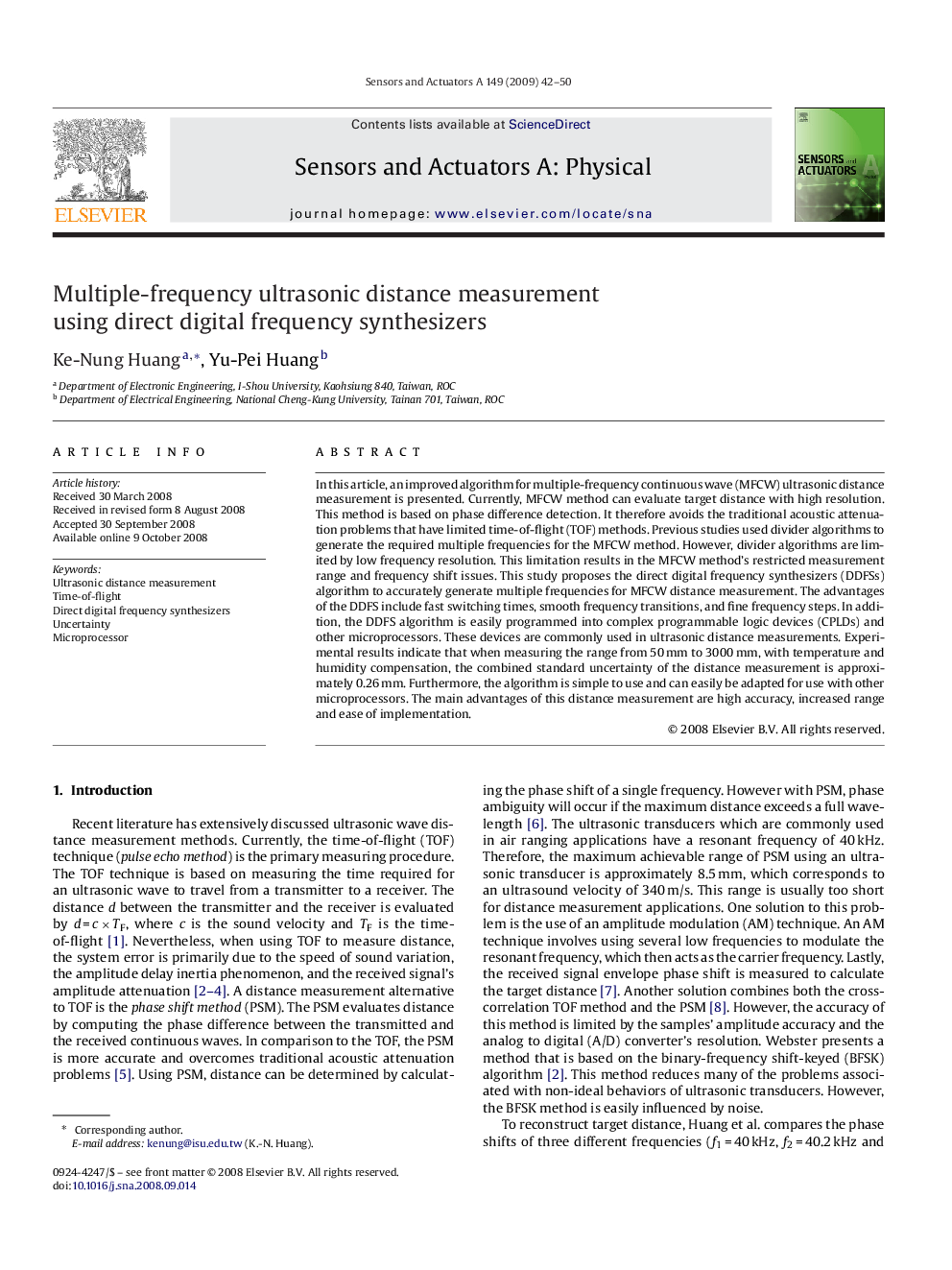 Multiple-frequency ultrasonic distance measurement using direct digital frequency synthesizers