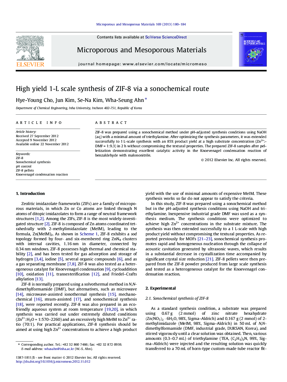 High yield 1-L scale synthesis of ZIF-8 via a sonochemical route