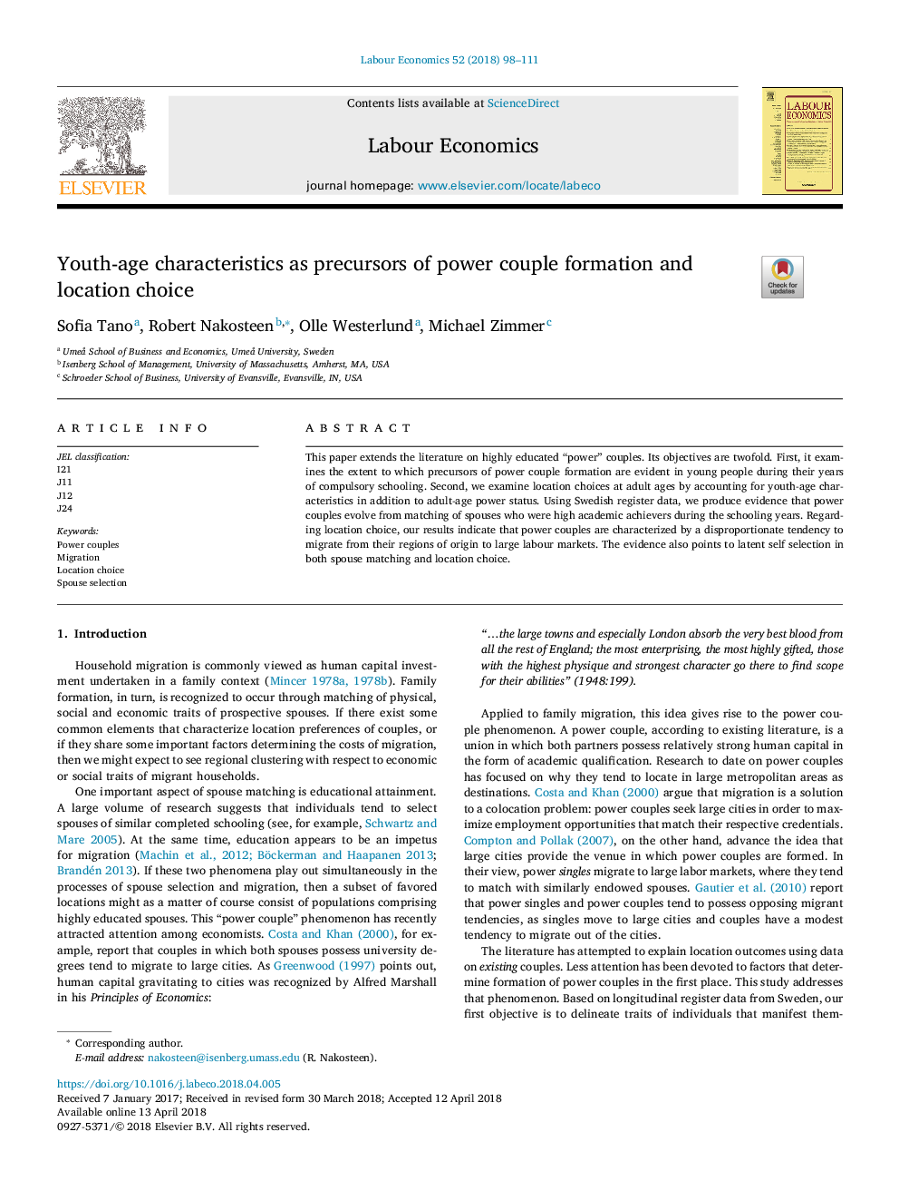 Youth-age characteristics as precursors of power couple formation and location choice