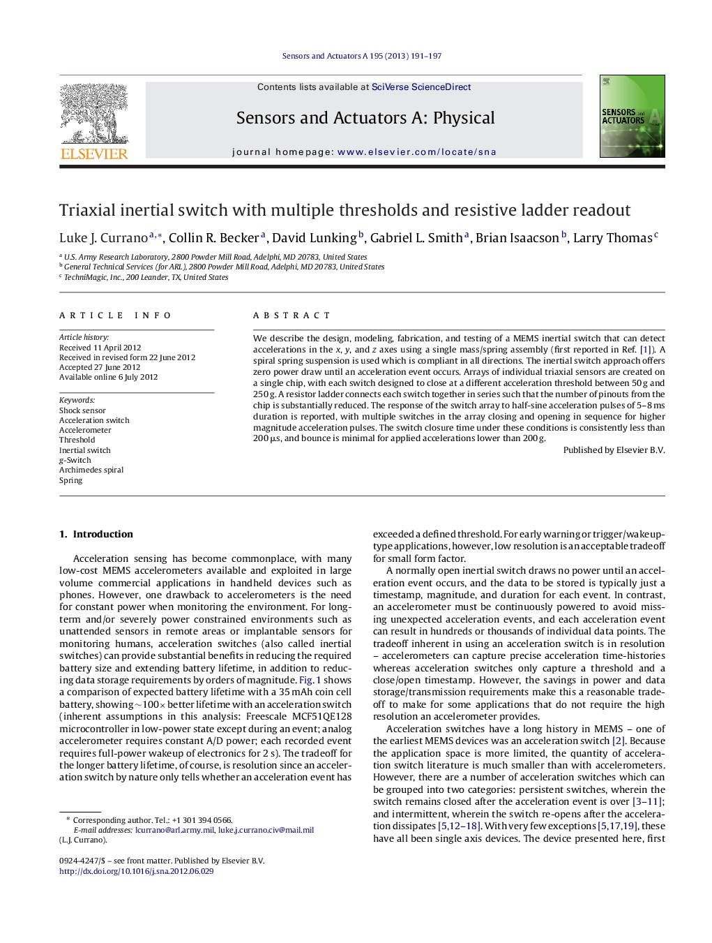 Triaxial inertial switch with multiple thresholds and resistive ladder readout