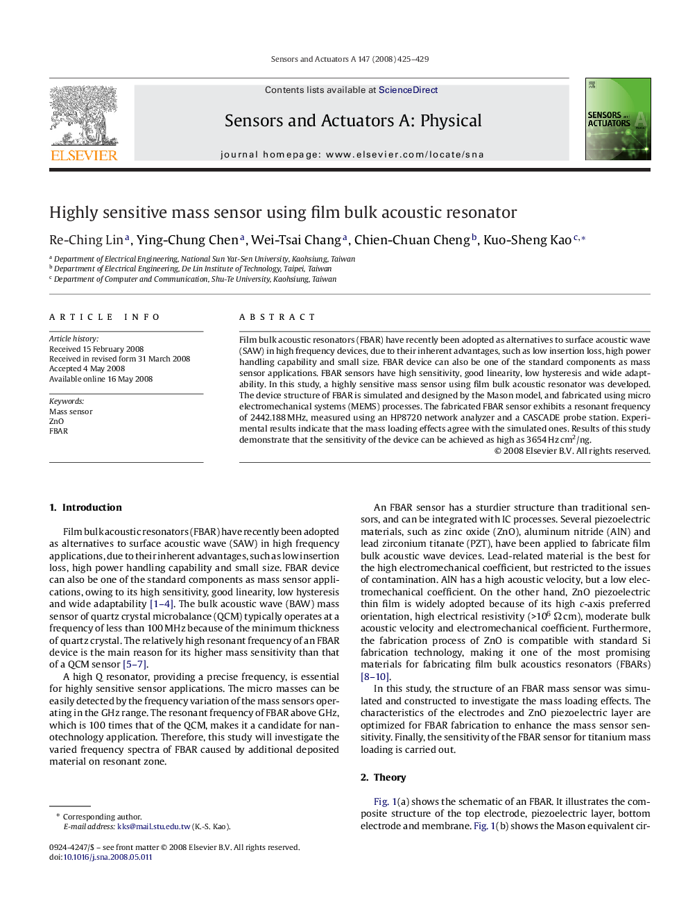 Highly sensitive mass sensor using film bulk acoustic resonator