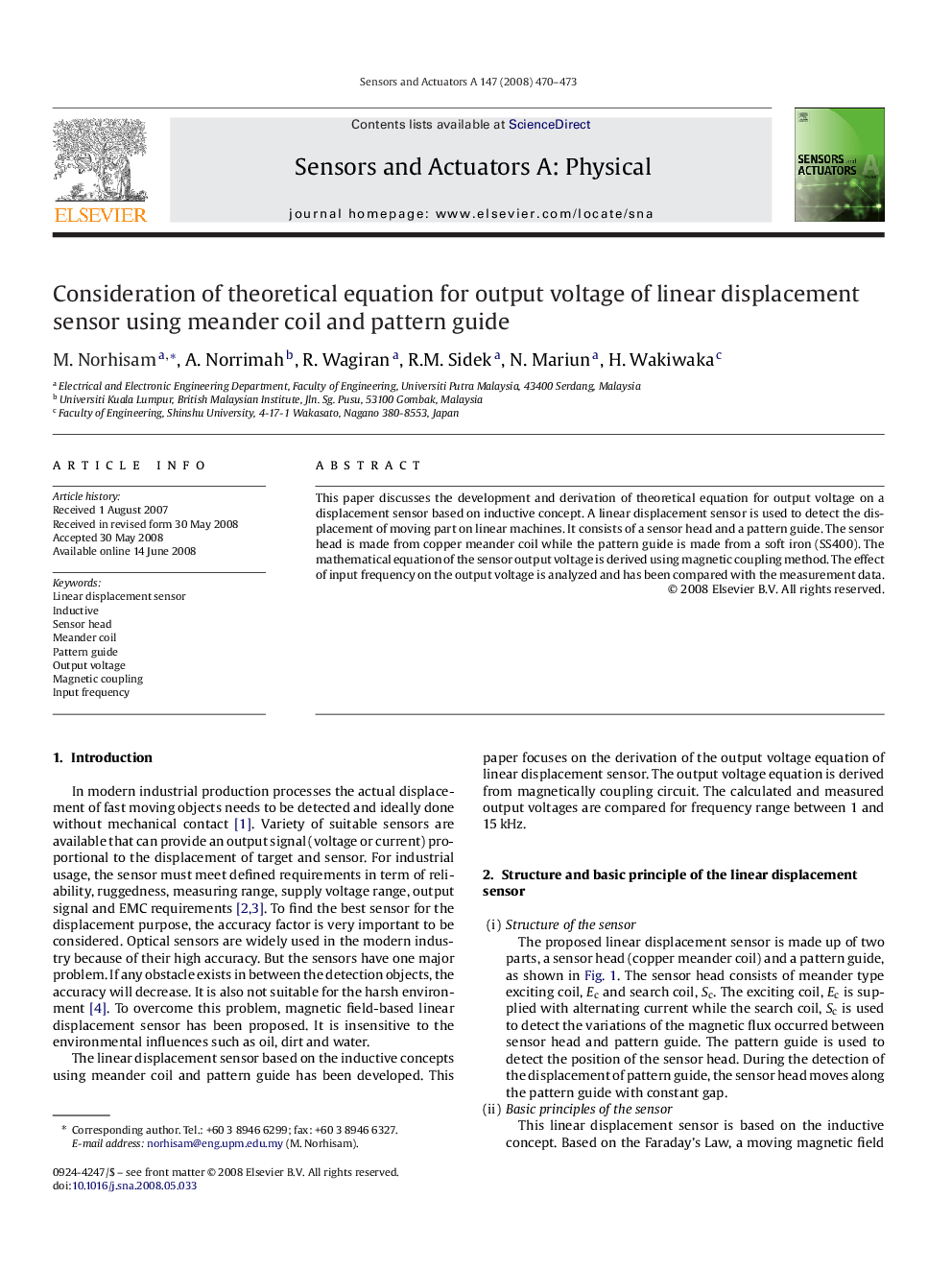 Consideration of theoretical equation for output voltage of linear displacement sensor using meander coil and pattern guide