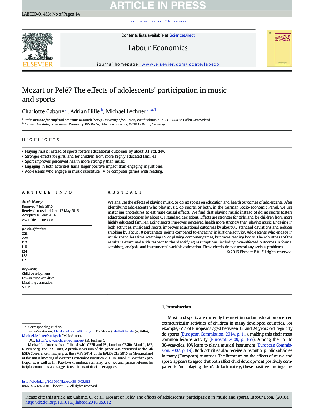 Mozart or Pelé? The effects of adolescents' participation in music and sports