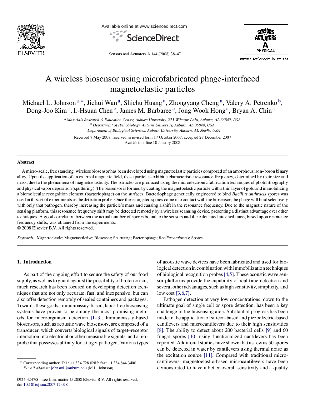 A wireless biosensor using microfabricated phage-interfaced magnetoelastic particles