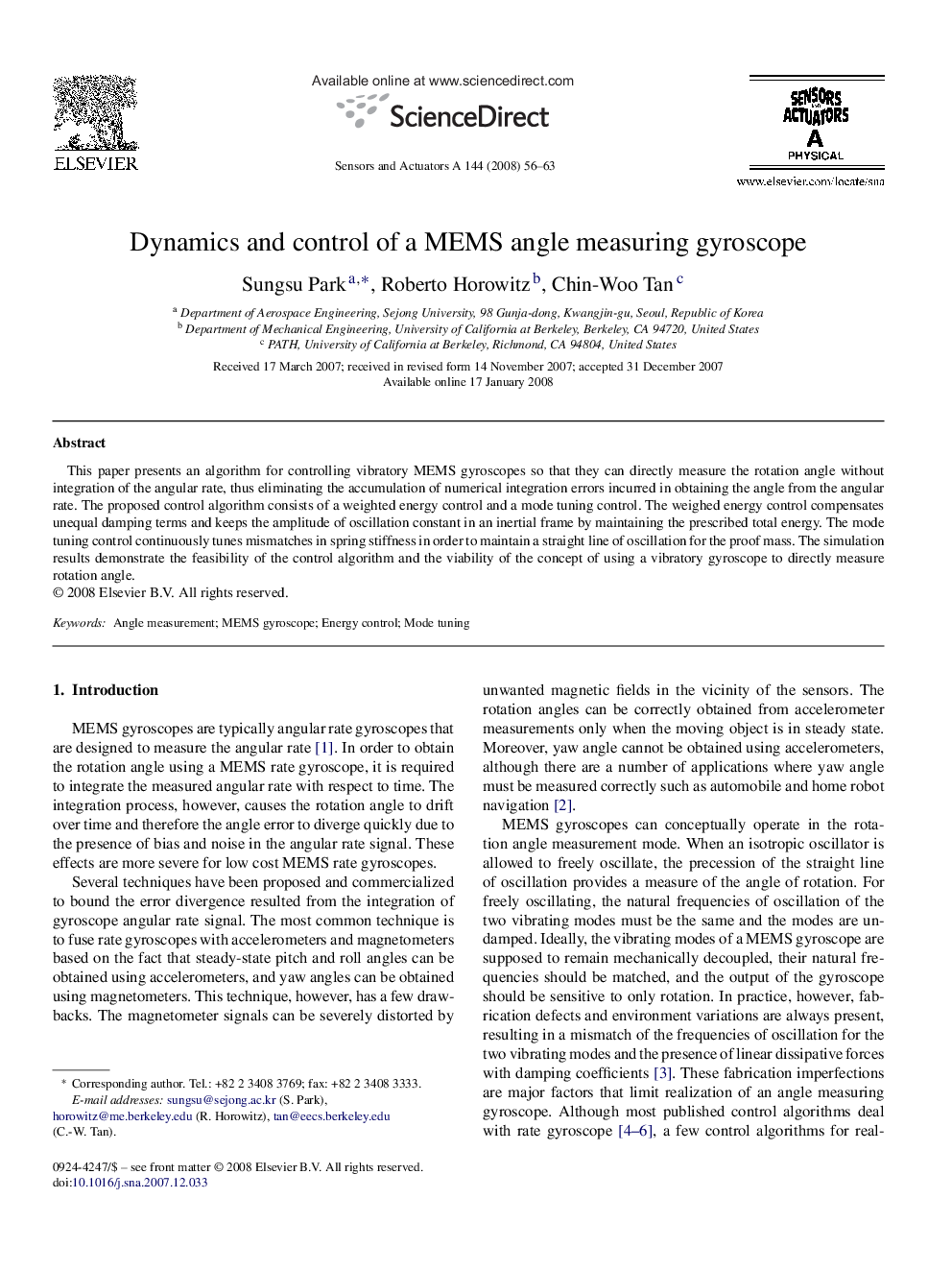 Dynamics and control of a MEMS angle measuring gyroscope