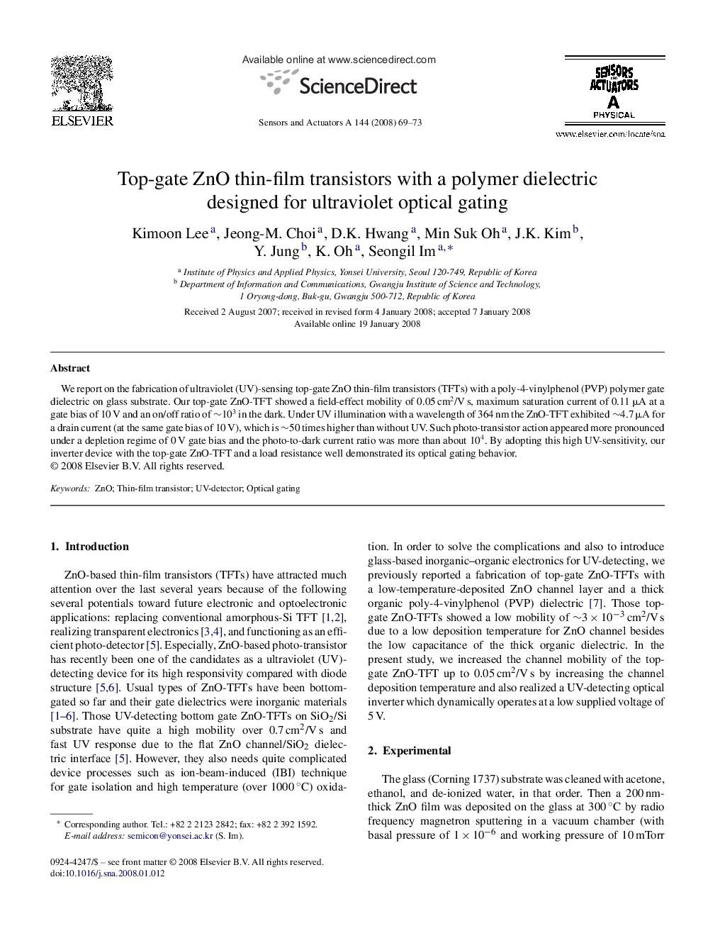 Top-gate ZnO thin-film transistors with a polymer dielectric designed for ultraviolet optical gating