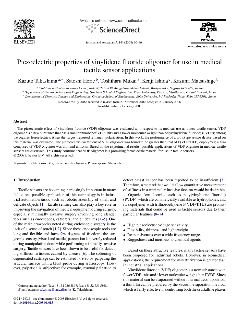 Piezoelectric properties of vinylidene fluoride oligomer for use in medical tactile sensor applications