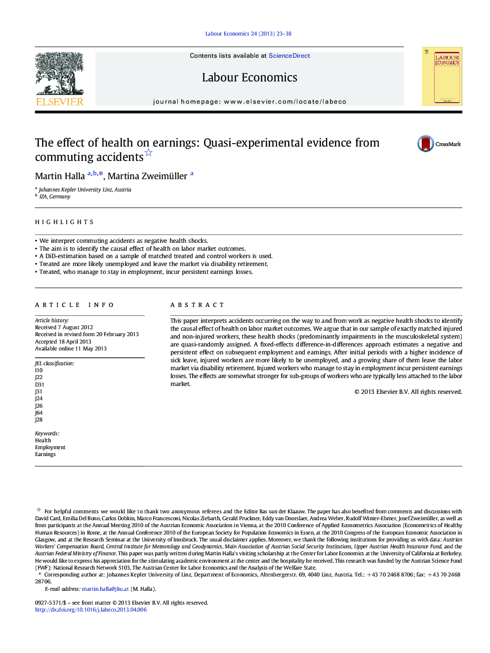 The effect of health on earnings: Quasi-experimental evidence from commuting accidents