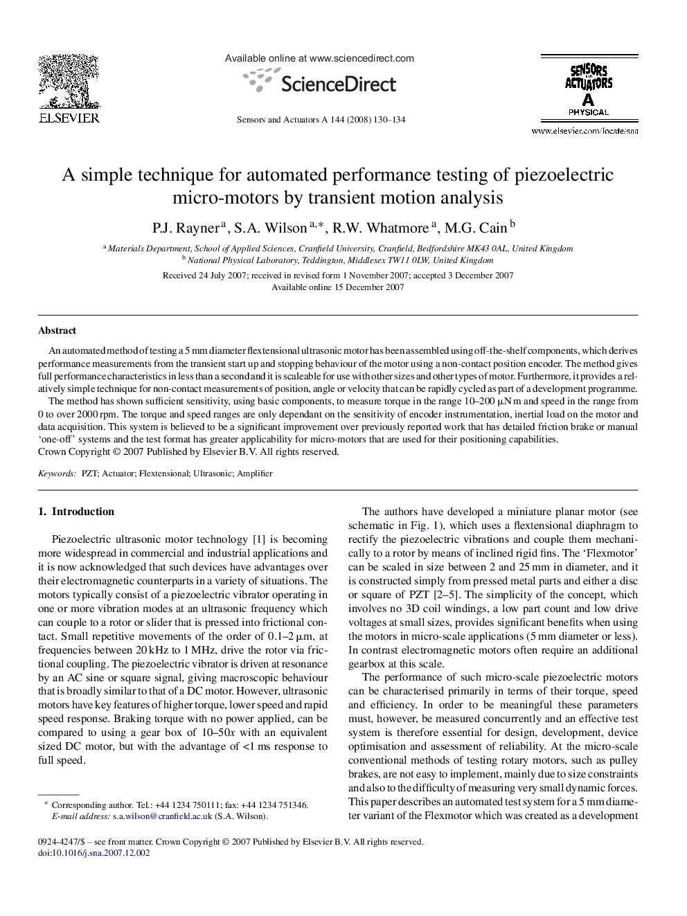 A simple technique for automated performance testing of piezoelectric micro-motors by transient motion analysis