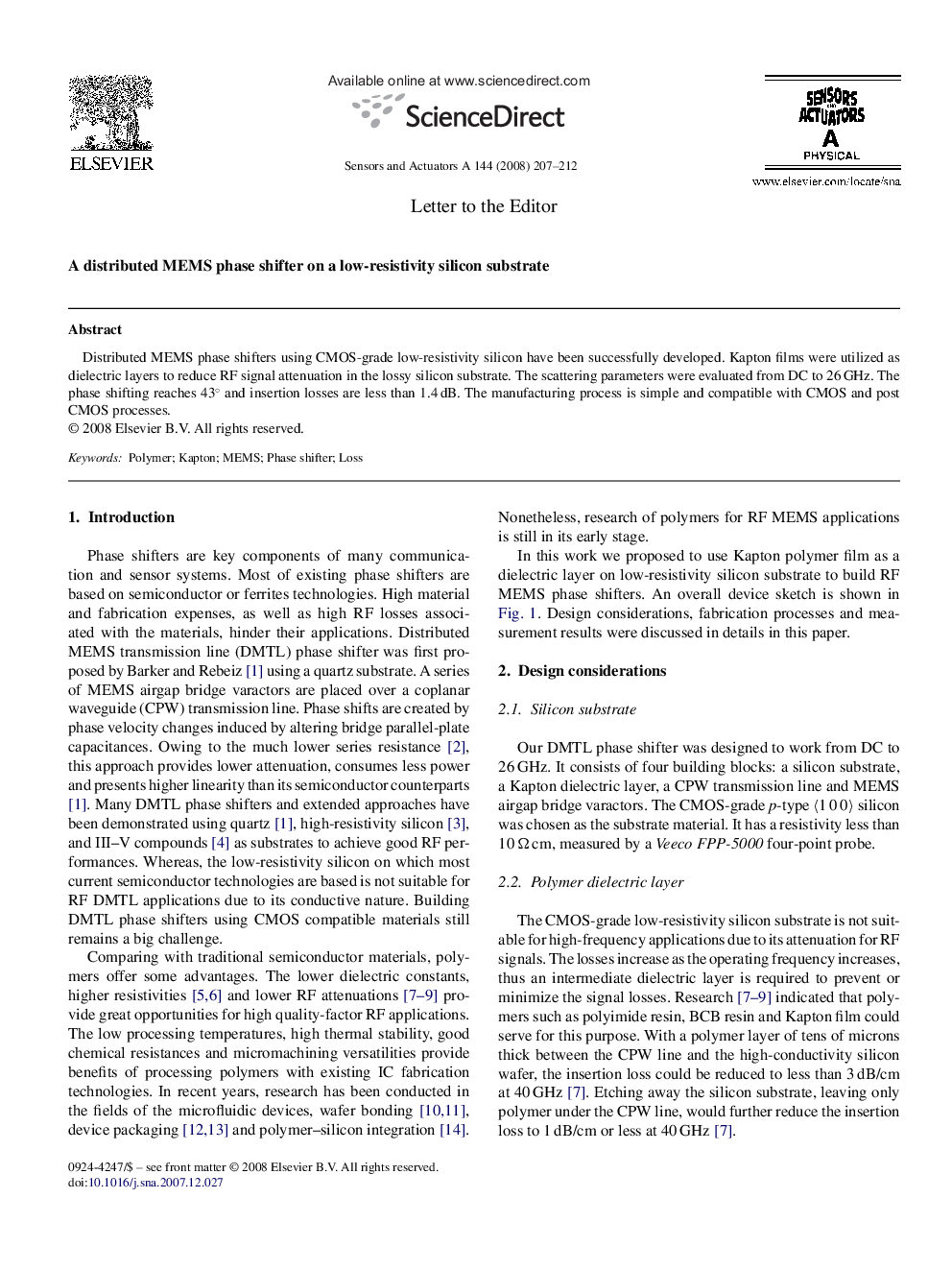 A distributed MEMS phase shifter on a low-resistivity silicon substrate