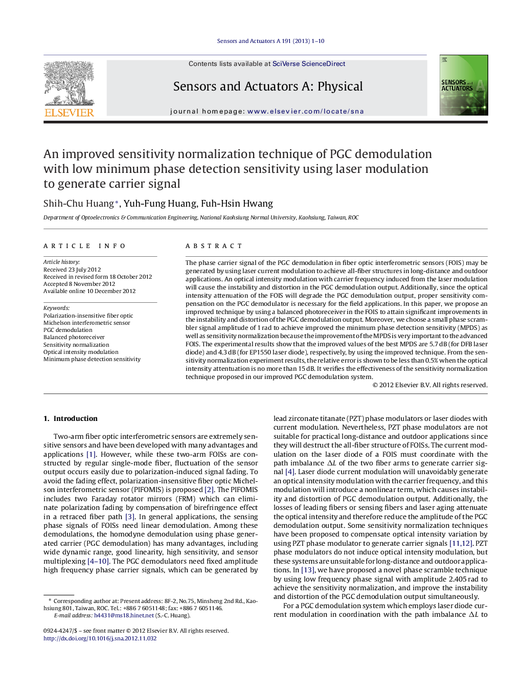 An improved sensitivity normalization technique of PGC demodulation with low minimum phase detection sensitivity using laser modulation to generate carrier signal