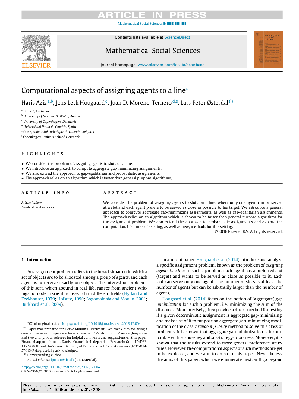 Computational aspects of assigning agents to a line