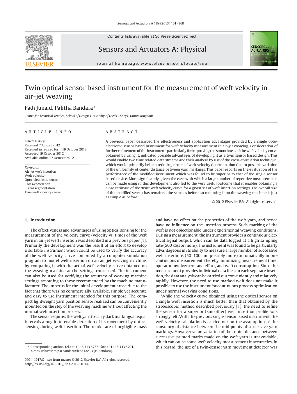 Twin optical sensor based instrument for the measurement of weft velocity in air-jet weaving