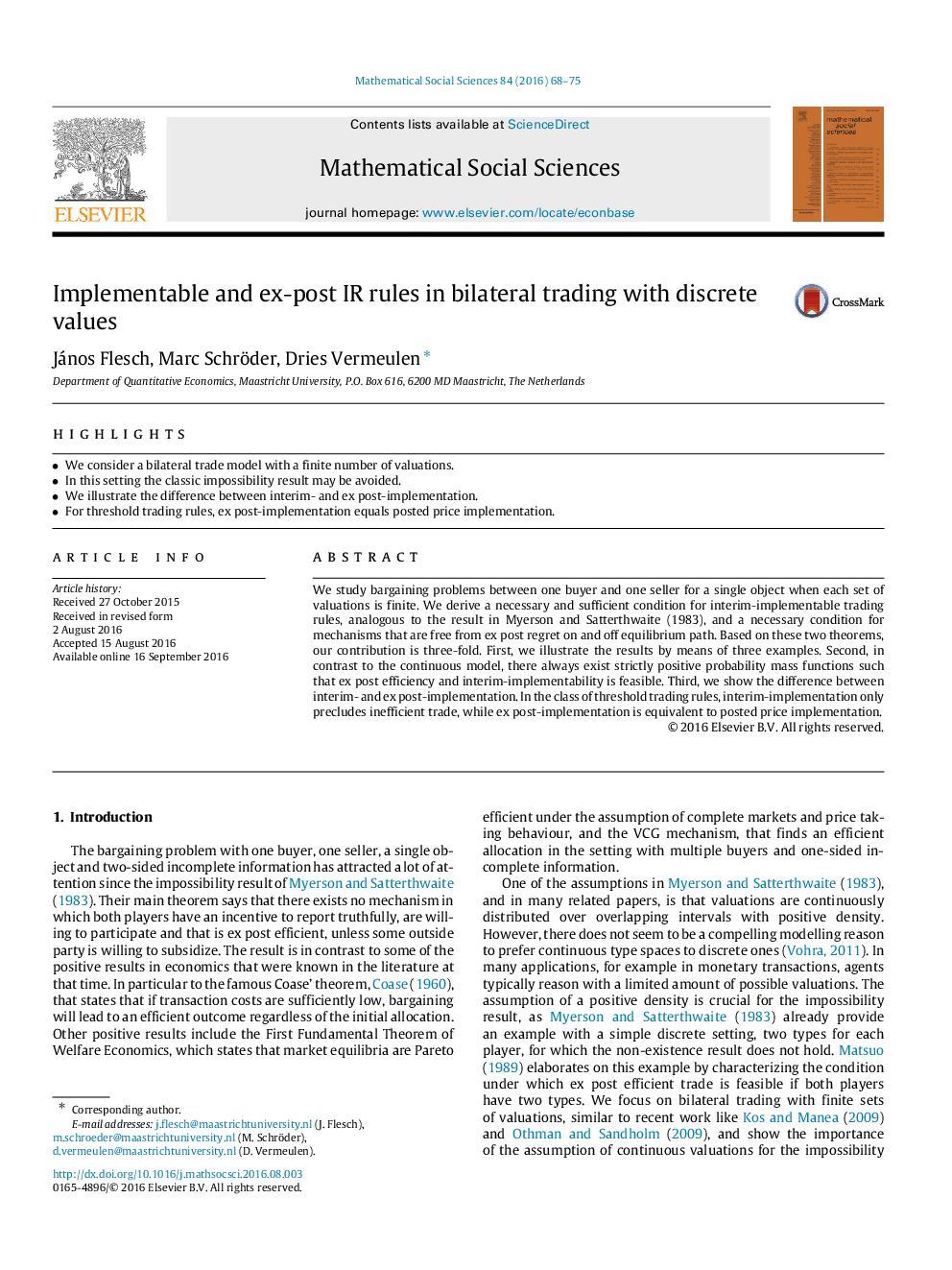 عکس صفحه اول مقاله: Implementable and ex-post IR rules in bilateral trading with discrete values Implementable and ex-post IR rules in bilateral trading with discrete values