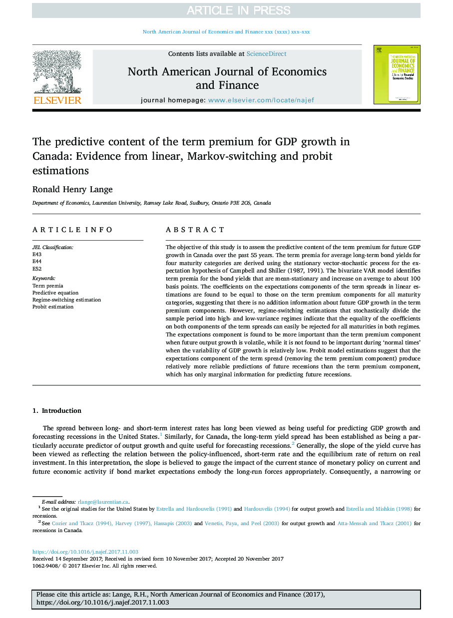 The predictive content of the term premium for GDP growth in Canada: Evidence from linear, Markov-switching and probit estimations