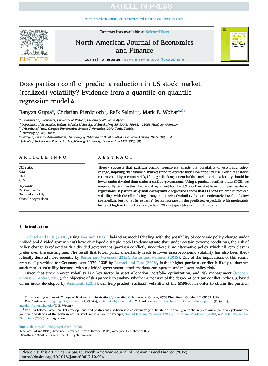 Does partisan conflict predict a reduction in US stock market (realized) volatility? Evidence from a quantile-on-quantile regression model