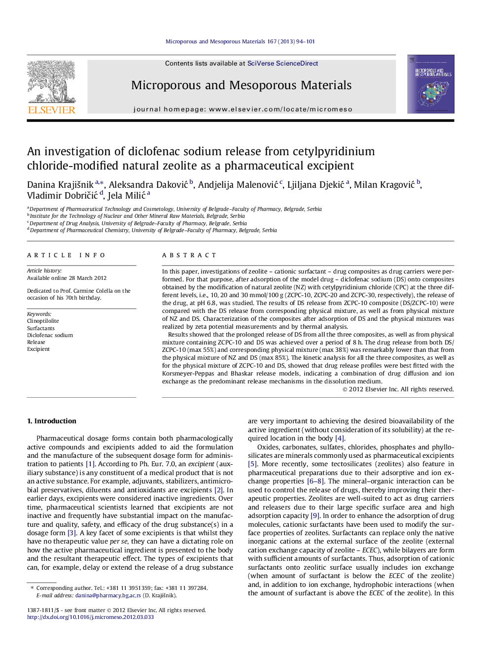 An investigation of diclofenac sodium release from cetylpyridinium chloride-modified natural zeolite as a pharmaceutical excipient