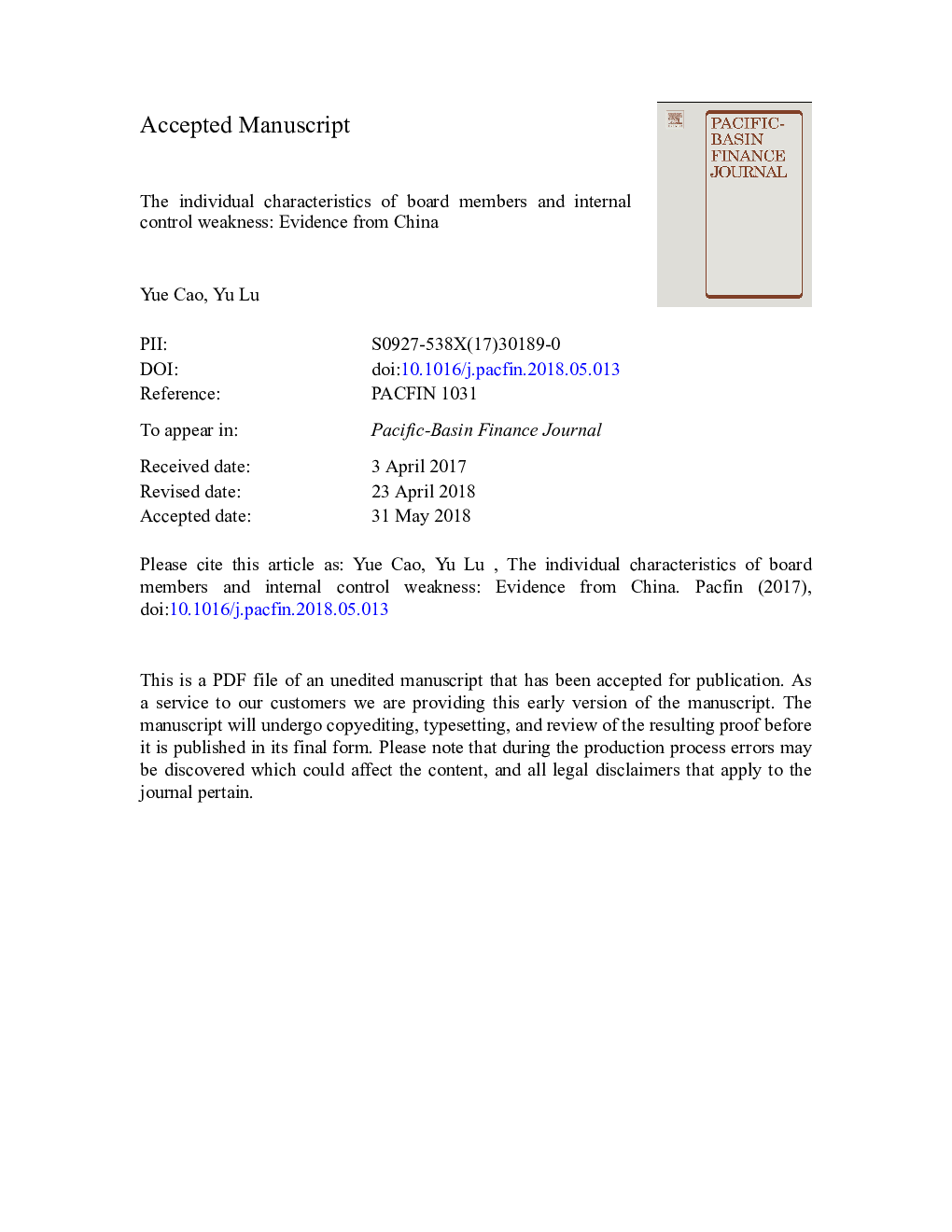 The individual characteristics of board members and internal control weakness: Evidence from China