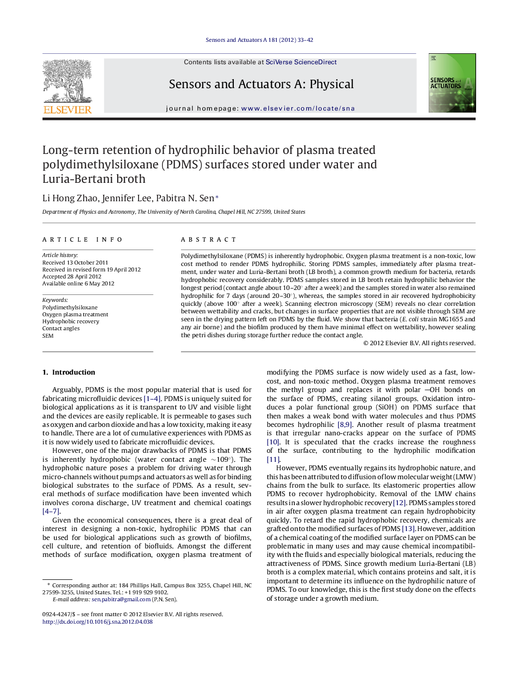 Long-term retention of hydrophilic behavior of plasma treated polydimethylsiloxane (PDMS) surfaces stored under water and Luria-Bertani broth