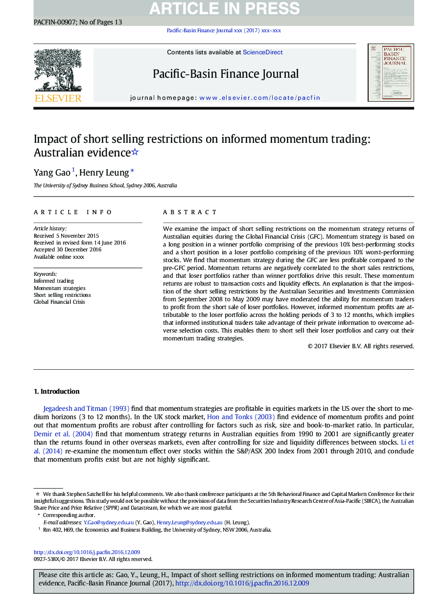 Impact of short selling restrictions on informed momentum trading: Australian evidence