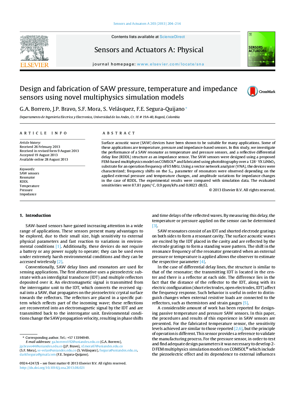 Design and fabrication of SAW pressure, temperature and impedance sensors using novel multiphysics simulation models