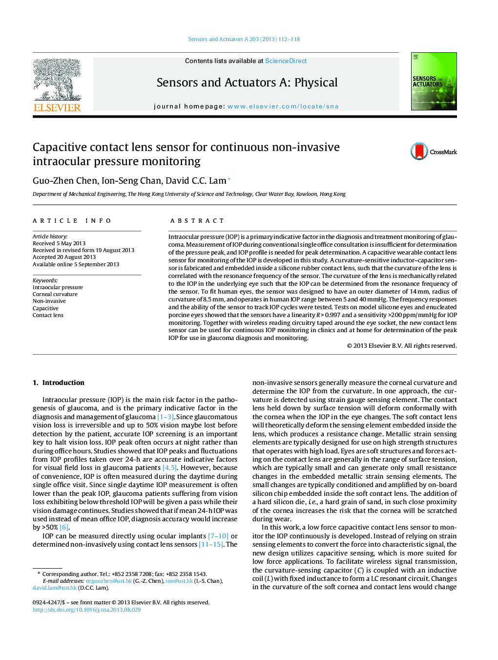 Capacitive contact lens sensor for continuous non-invasive intraocular pressure monitoring