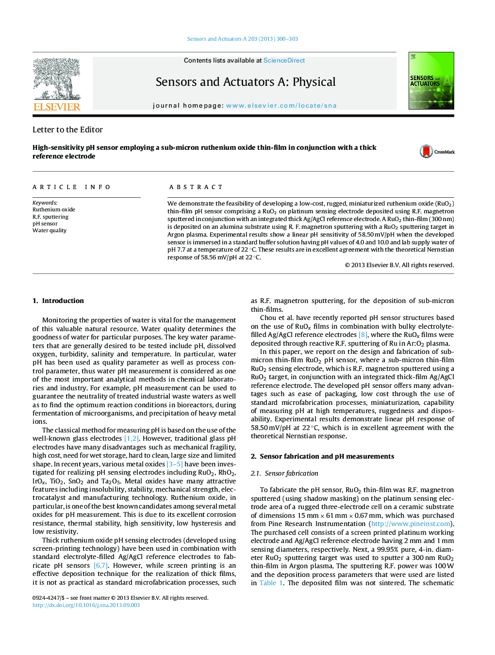 High-sensitivity pH sensor employing a sub-micron ruthenium oxide thin-film in conjunction with a thick reference electrode