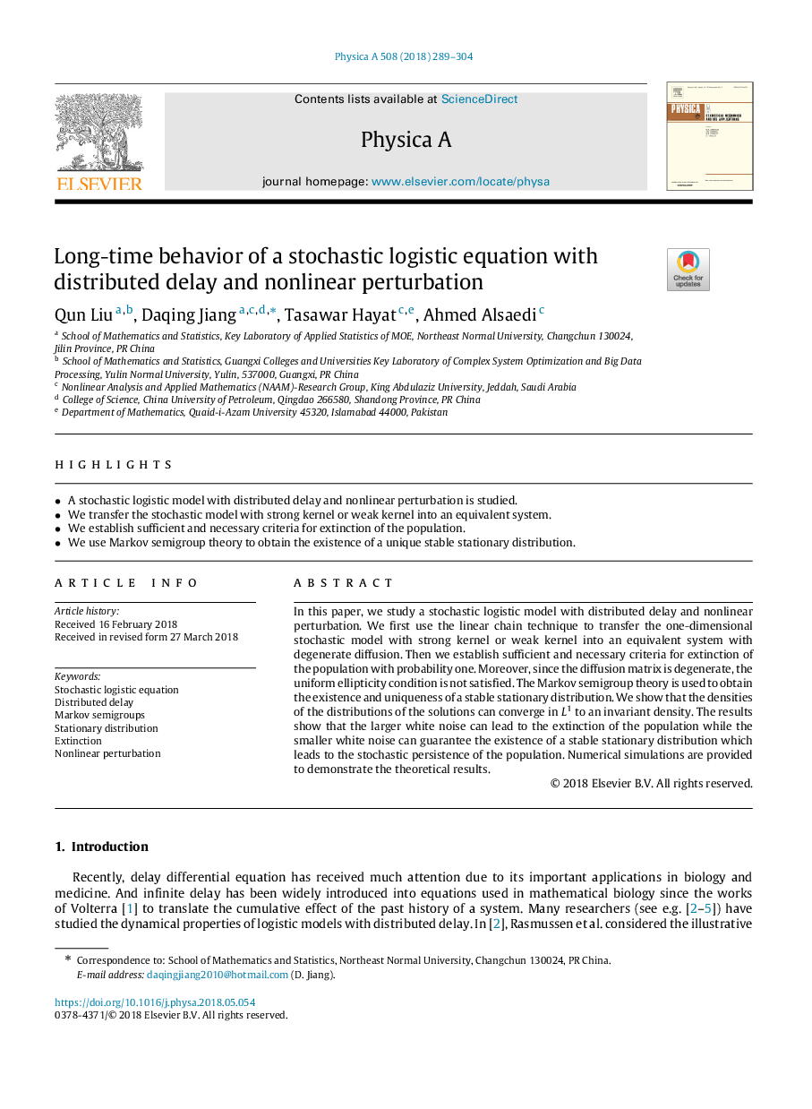 Long-time behavior of a stochastic logistic equation with distributed delay and nonlinear perturbation