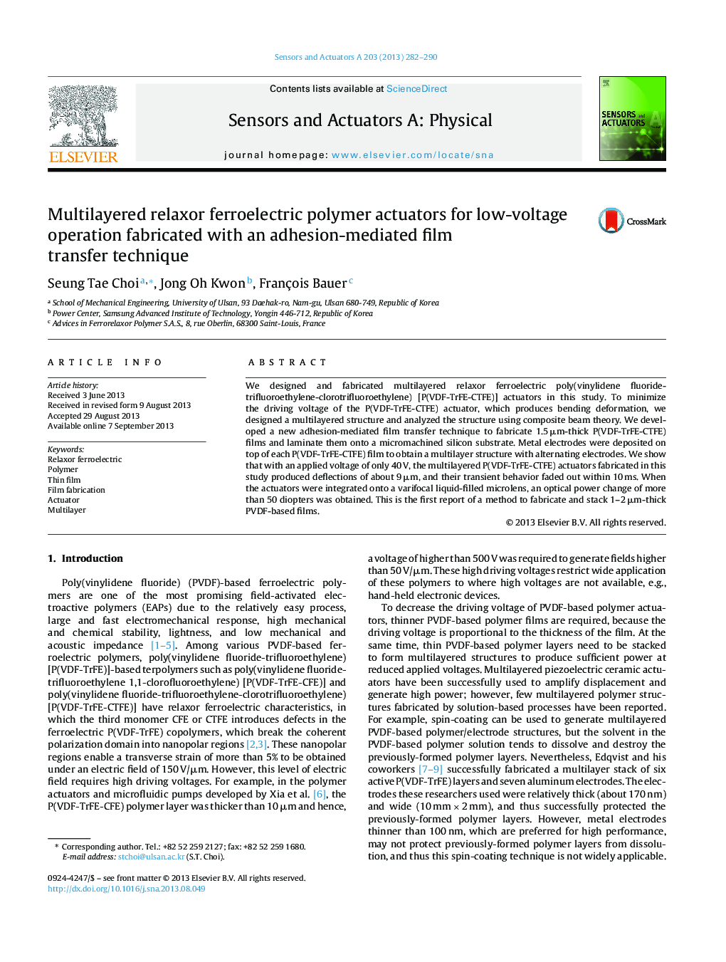 Multilayered relaxor ferroelectric polymer actuators for low-voltage operation fabricated with an adhesion-mediated film transfer technique