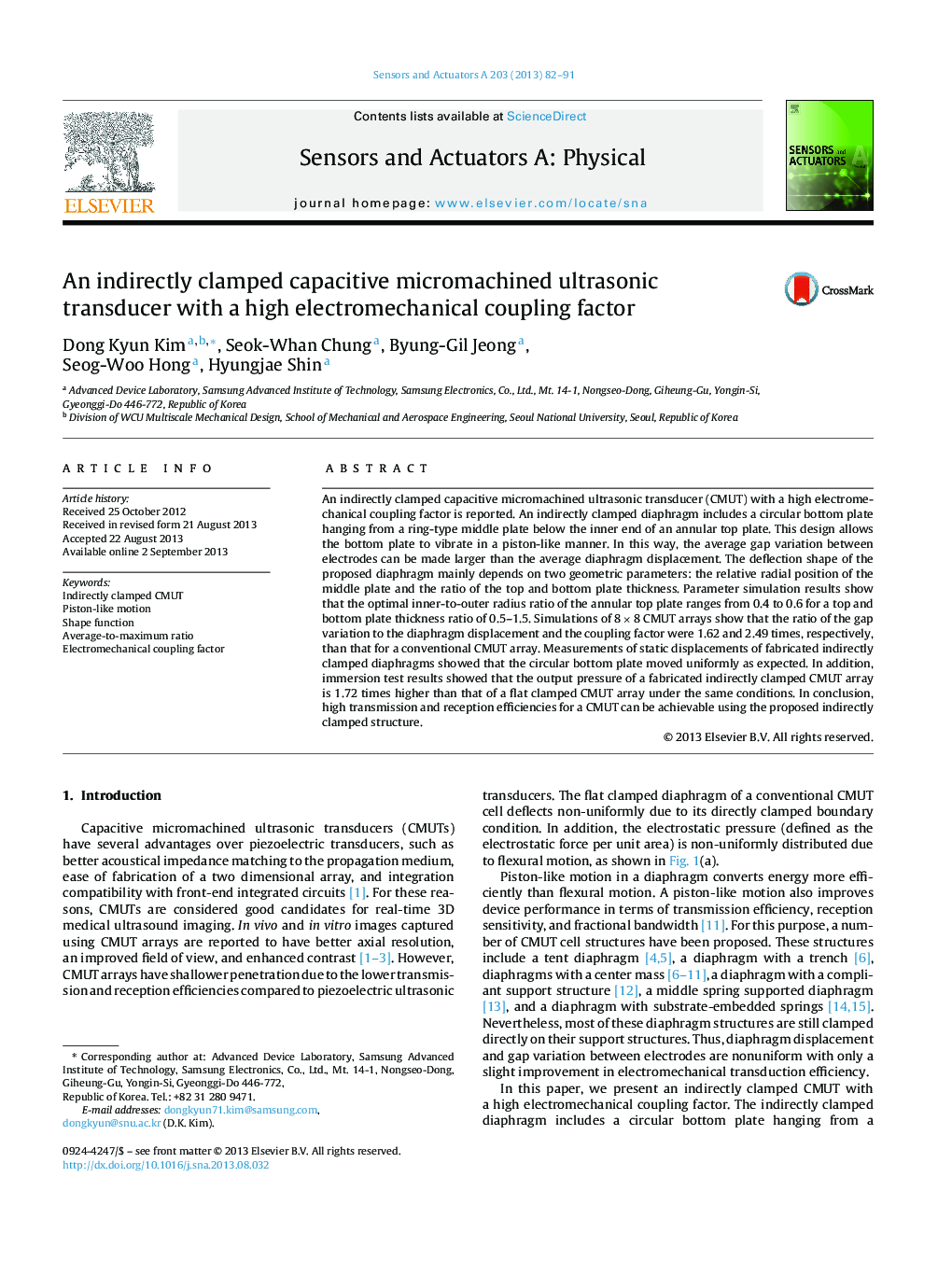 عکس صفحه اول مقاله: An indirectly clamped capacitive micromachined ultrasonic transducer with a high electromechanical coupling factor An indirectly clamped capacitive micromachined ultrasonic transducer with a high electromechanical coupling factor