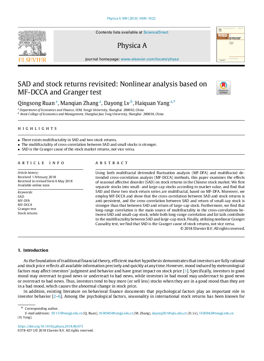 SAD and stock returns revisited: Nonlinear analysis based on MF-DCCA and Granger test