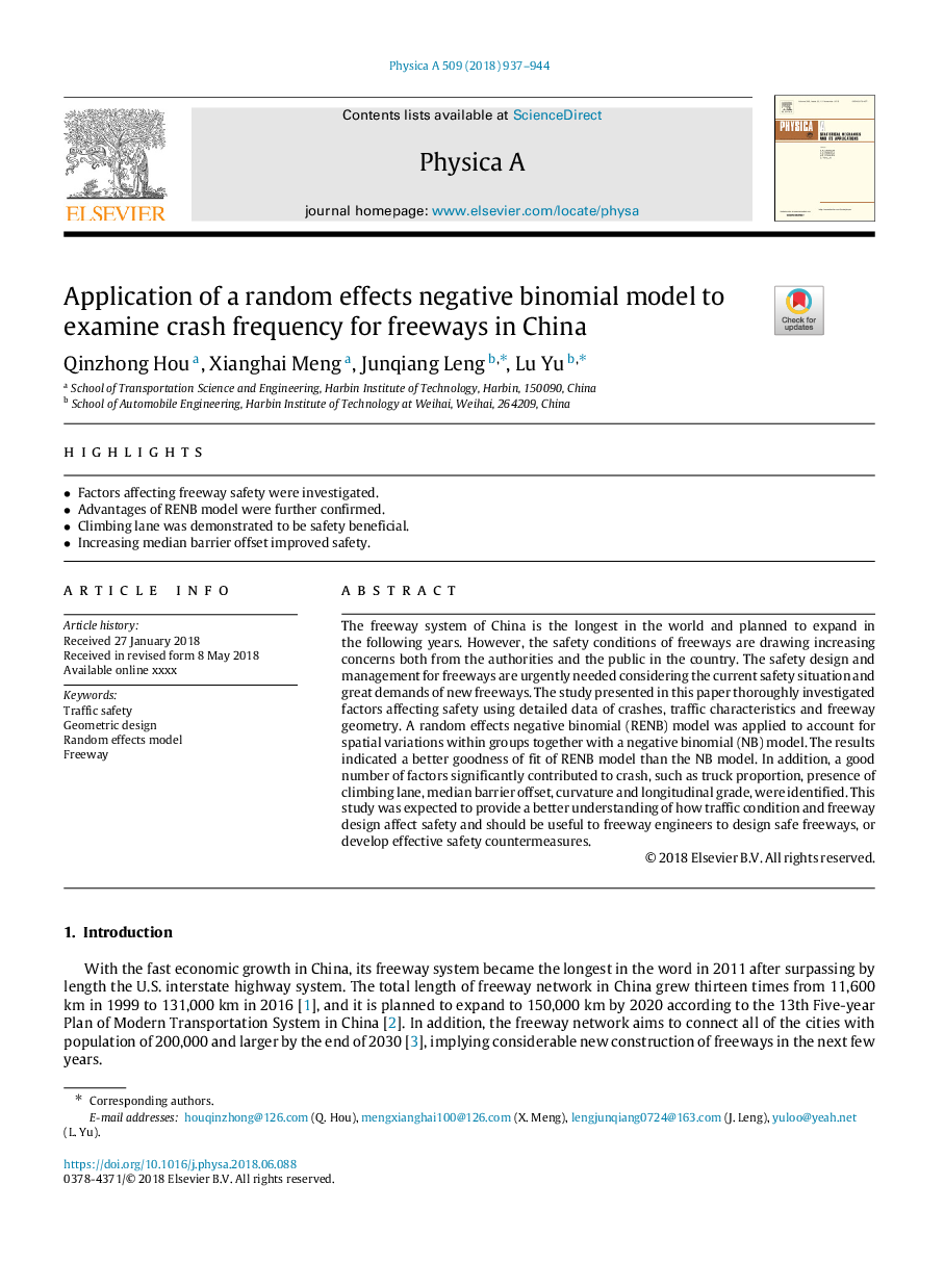 Application of a random effects negative binomial model to examine crash frequency for freeways in China