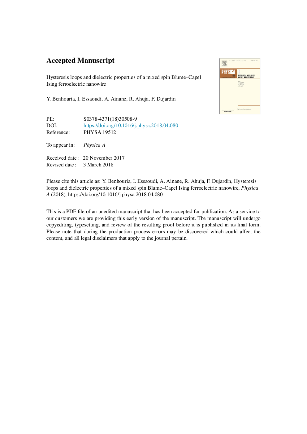 عکس صفحه اول مقاله: Hysteresis loops and dielectric properties of a mixed spin Blume-Capel Ising ferroelectric nanowire Hysteresis loops and dielectric properties of a mixed spin Blume-Capel Ising ferroelectric nanowire